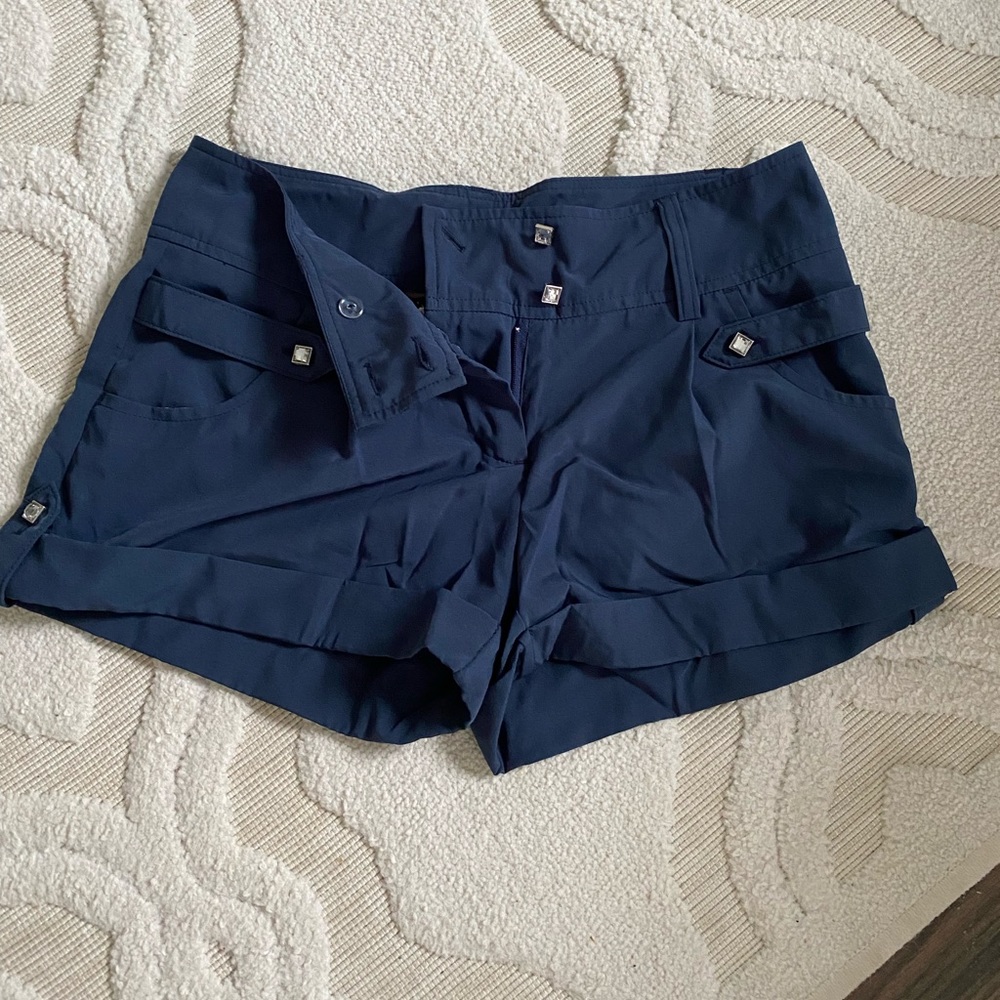 Navy blue dress shorts with diamond buttons